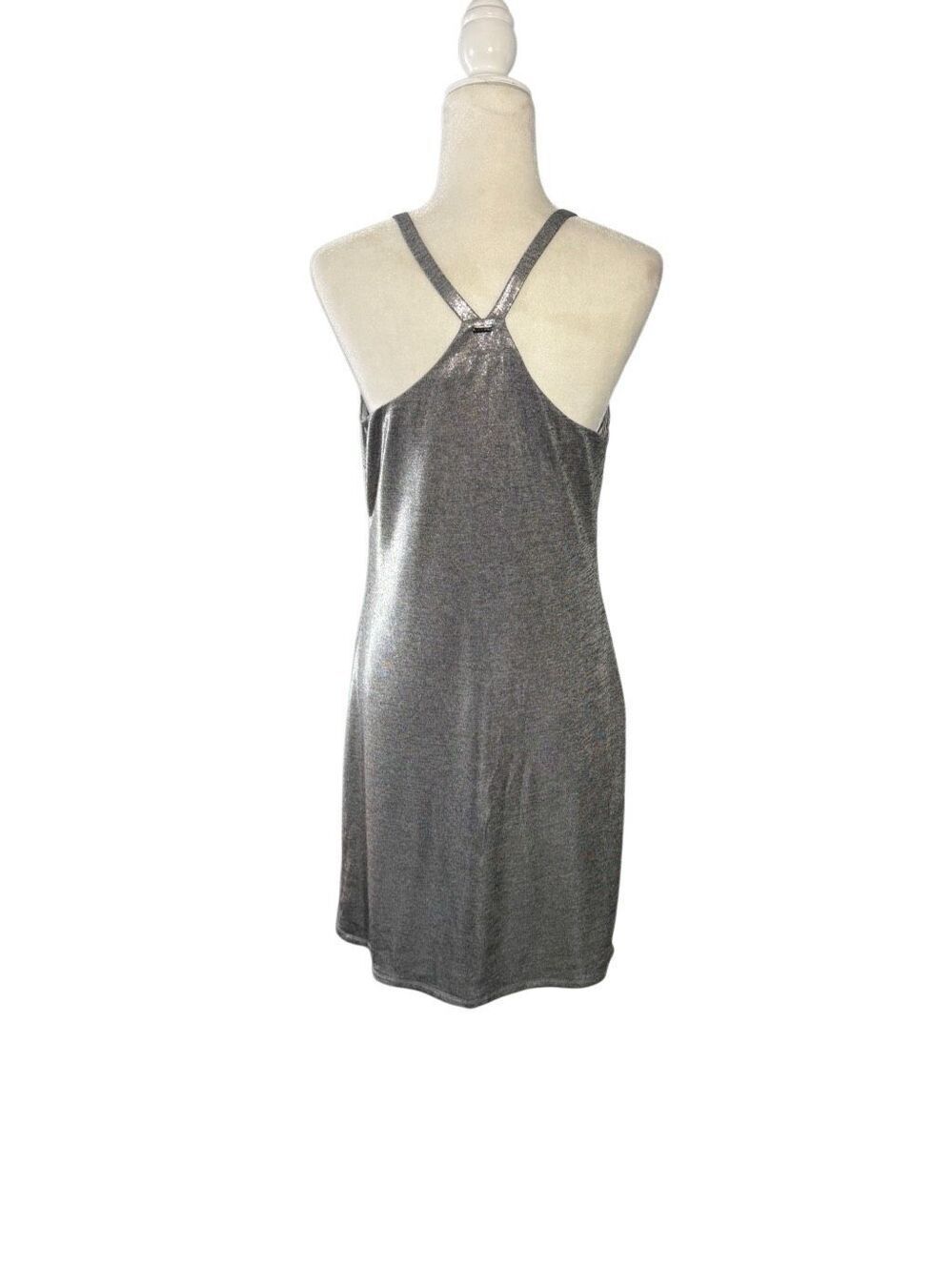 White House Black Market silver metallic sleeveless halter dress - M - Picture 7 of 11